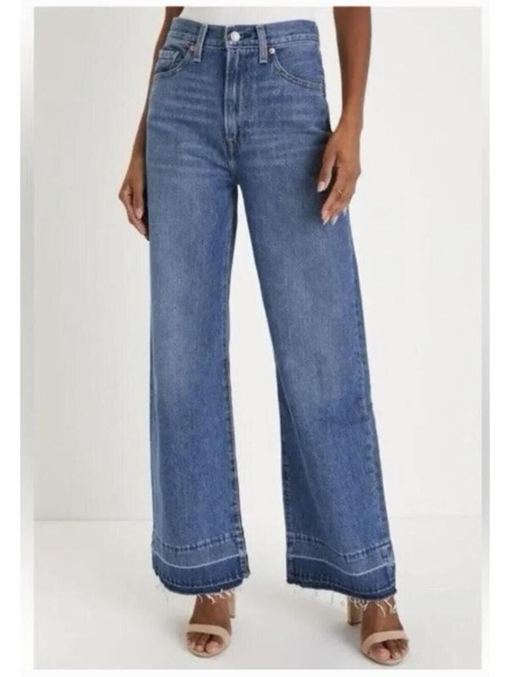 Levi’s Ribcage Medium Wash Wide-Leg Raw Hem Denim Jeans Size 26